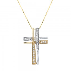 14K Two Tone Gold 0.20 carat Diamonds Cross Pendant
