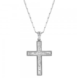 14K White Gold 0.75 carat Baguette and Princess Diamonds Cross Pendant