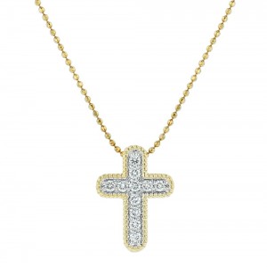 14K Yellow Gold 0.25 carat Diamonds dainty Textured Cross Pendant