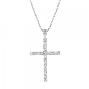 14K White Gold 0.75 carat Princess and Round Diamonds Straight Line Cross Pendant