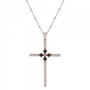 14K Rose Gold 0.33 carat Black and White Round Diamonds Cross Pendant