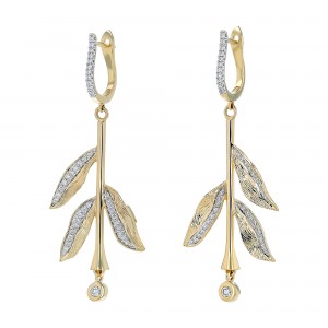 14K Yellow Gold 0.50 carat Diamonds Flower Texured Leafs Drop Earrings