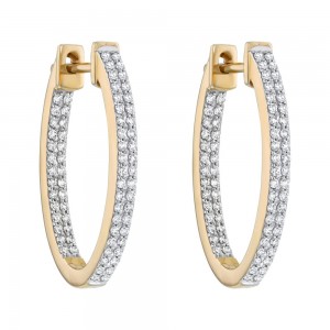 14K Yellow Gold 0.70 carat Oval shape Two-Row inside-out diamonds Hoop Earrings