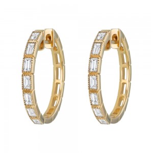14K Yellow Gold 0.9 carat Baguette Diamonds Hoop Earrings