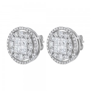 14K White Gold 2.0 carats Diamonds Double Halo Round Stud Earrings