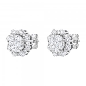 14K White Gold 1.2 carat Diamonds Halo Flower Stud Earrings