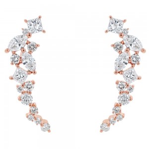 14K Rose Gold 1.0 carat Princess, Marquise and Round Diamonds Ear Climber Earrings