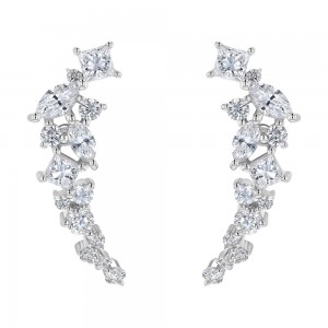 14K White Gold 1.0 carat Princess, Marquise and Round Diamonds Ear Climber Earrings