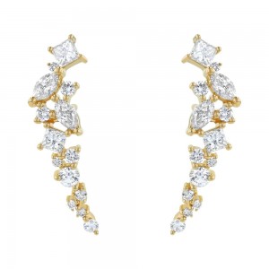 14K Yellow Gold 1.0 carat Princess, Marquise and Round Diamonds Ear Climber Earrings