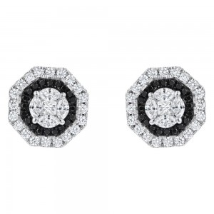14K White Gold 1.5 carats Fancy Cut Black and White Diamonds Stud Earrings