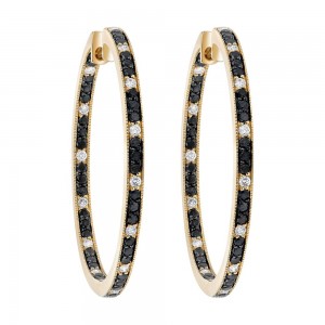 14K Yellow Gold 2.0 carat Black and White Diamonds Inside-Out Hoop Earrings