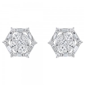 14K White Gold 1.1 carat Diamonds Halo Pentagon Stud Earrings