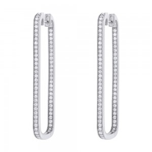 14K White Gold 1.0 carat Rectangle Shape Inside-Out Diamonds Contemporary Hoop Earrings