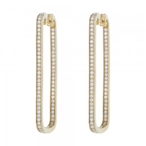 14K Yellow Gold 1.0 carat Rectangle Shape Inside-Out Diamonds Contemporary Hoop Earrings