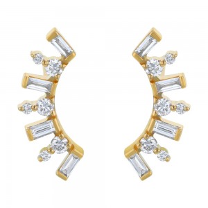 14K Yellow Gold 0.75 carat Baguette and Round Diamonds Ear Climber Earrings