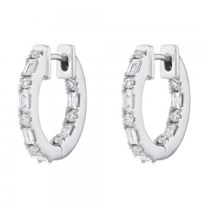 14K White Gold 0.75 carat Baguette and Round Diamonds Inside-Out Hoop Earrings