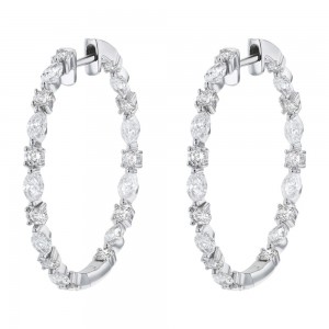 14K White Gold 2.0 carats Diamonds Inside-Out Round Shape Hoop Earrings
