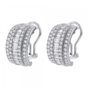 14K White Gold 4.0 carat Baguette and Round Diamonds Hoop Earrings