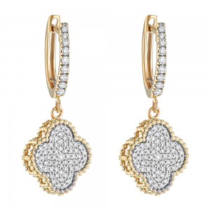 14K Yellow Gold 0.75 carat Diamonds Dandling Clover Hoop Earrings