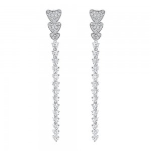 14K White Gold 2.40 carats Diamonds Hearts Dangling Drop Earrings