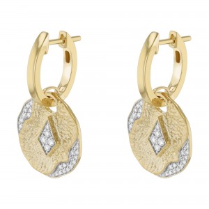 14K Yellow Gold 0.30 carats Diamonds Hammered Round Dangle Earrings