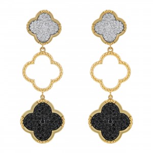 14K Yellow Gold 1.60 carat Black and White Diamonds Dangle Clover Earrings
