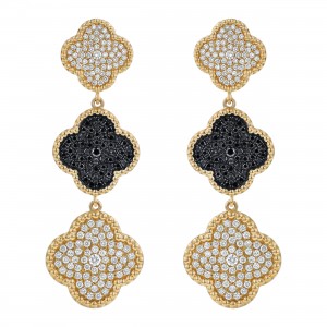 14K Yellow Gold 2.50 carat Black and White Diamonds Dangle Clover Earrings