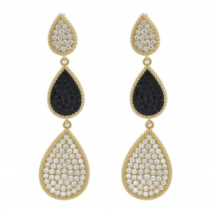 14K Yellow Gold 2.0 carat Black and White Diamonds Pear Shaped Drop Earrings