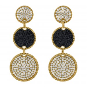 14K Yellow Gold 2.5 carat Black and White Diamonds Round Shaped Drop Earrings