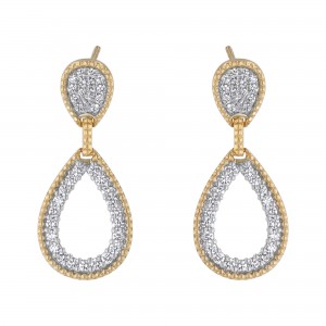 14K Yellow Gold 0.85 carat White Diamonds Oposite Pears Drop Earrings