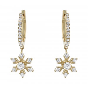 14K Yellow Gold 0.70 carat White Diamonds Snowflake Dangle Earrings