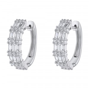 14K White Gold 1.80 carat Baguette and Round Diamonds Hoop Earrings
