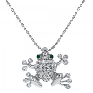 14K White Gold 0.46 carat Diamonds and Green Emerald Eyes Frog Pendant