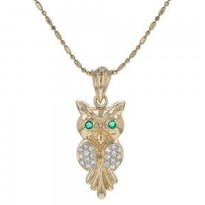 14K Yellow Gold 0.20 carat Diamonds and Emerald Eyes Owl Pendant