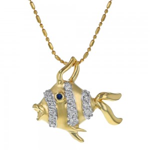 14K Yellow Gold 0.34 carat Diamonds and Blue Sapphire Fish Pendant