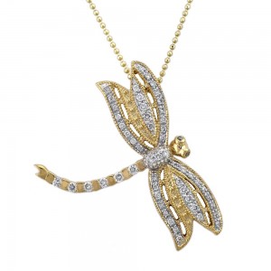 14K Yellow Gold 0.45 carat Diamonds Dragonfly Pendant