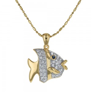 14K Yellow Gold 0.37 carat Diamonds and Blue Sapphire Fish Pendant