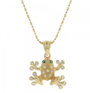 14K Yellow Gold 0.20 carat Diamonds and Green Emerald Eyes Frog Pendant