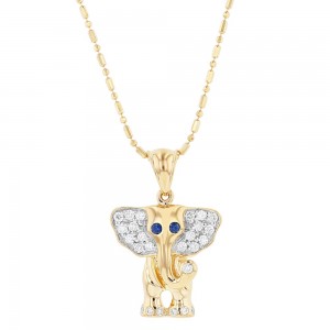 14K Yellow Gold 0.33 carat Diamonds and Blue Sapphires Eyes Elephant Pendant