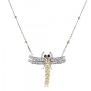 14K Yellow Gold 0.50 carat Diamonds and Blue Sapphire Eyes Dragonfly Necklace