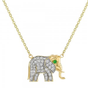 14K Yellow Gold 0.25 carat Diamonds and Green Tsavorite Eye Elephant Necklace