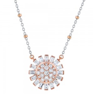 14K Rose Gold 0.85 carat Baguette and Round Diamonds Flower Necklace