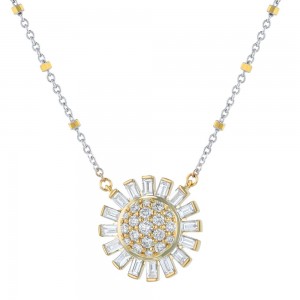 14K Yellow Gold 0.85 carat Baguette and Round Diamonds Flower Necklace
