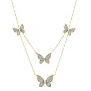 14K Yellow Gold 1.35 carat Diamonds Layered Butterflies Necklace
