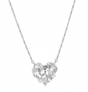 14K White Gold 1.0 carat Baguette, Marquise and Round Diamonds Heart Necklace