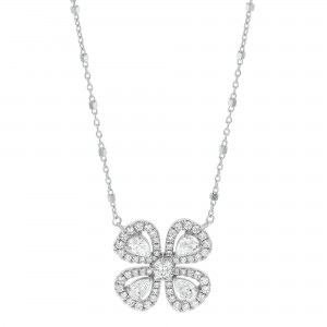 14K White Gold 1.25 carat Pear and Round Diamonds Flower Necklace
