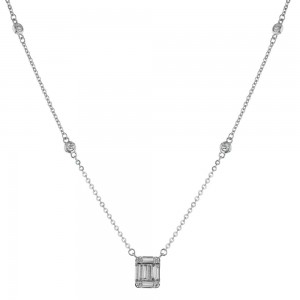14K White Gold 0.43 carat Baguette and Round Diamonds Rectangle Necklace