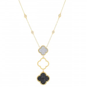 14K Yellow Gold 0.95 carat Black and White Diamonds Clover Necklace