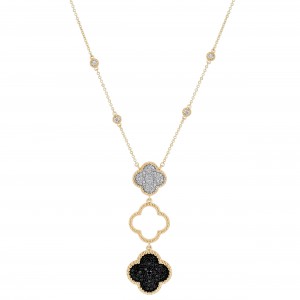 14K Yellow Gold 0.95 carat Black and White Diamonds Clover Necklace