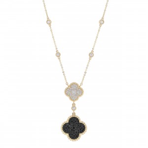 14K Yellow Gold 1.00 carat Black and White Diamonds Clover Necklace